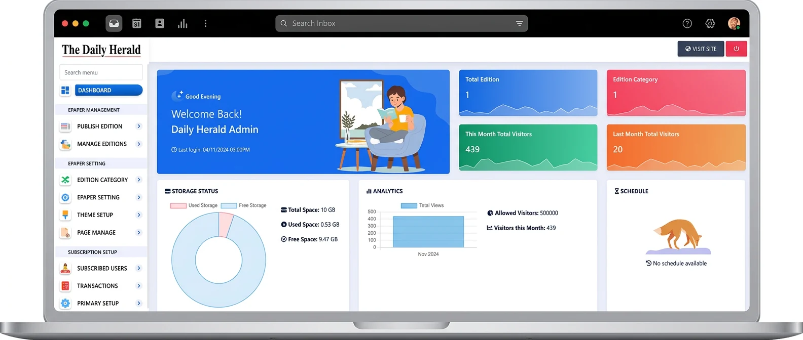 The real ePaperOS admin dashboard showing editions, visitors, storage status, analytics and the publishing menu
